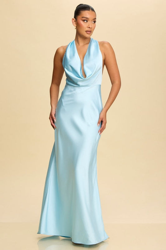 Vestido Largo Solid Satin Halter Maxi