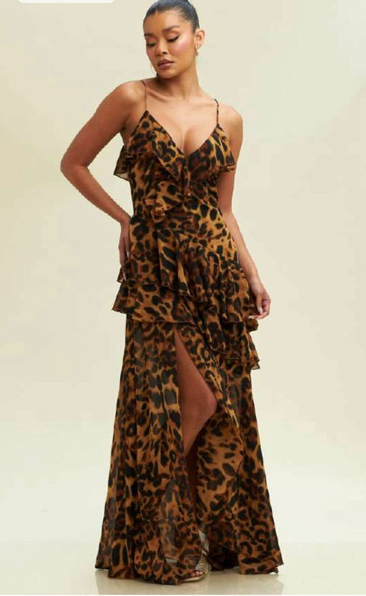 Vestido Largo Leopard Chiffon Layers Dress